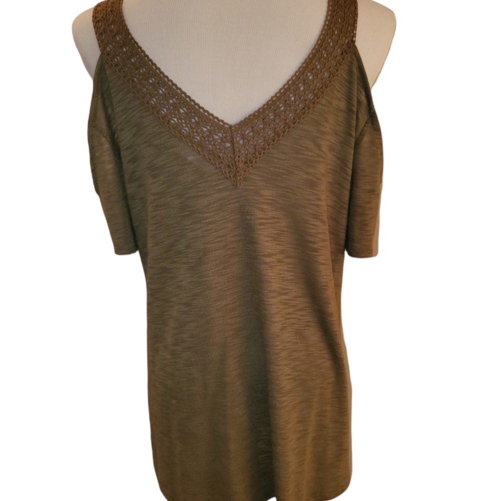 Green Knit Cold Shoulder Top